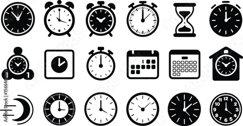 Collection of diverse clock and time icons including alarm clocks hourglass and calendars