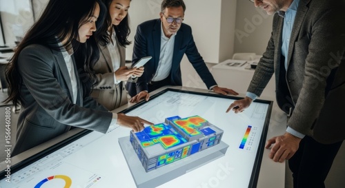 Businesspeople using digital charts and maps on a tabletop touchscreen in a collaborative office environment.