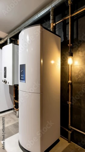 Modern white heat pump system interior provides efficient home heating and hot water with contemporary design and copper piping accents.