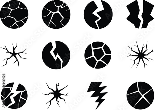 Collection of black cracked circles and abstract shapes icons