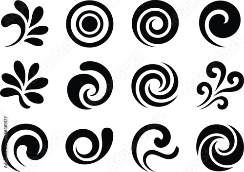 Collection of twelve black swirl and floral abstract decorative elements