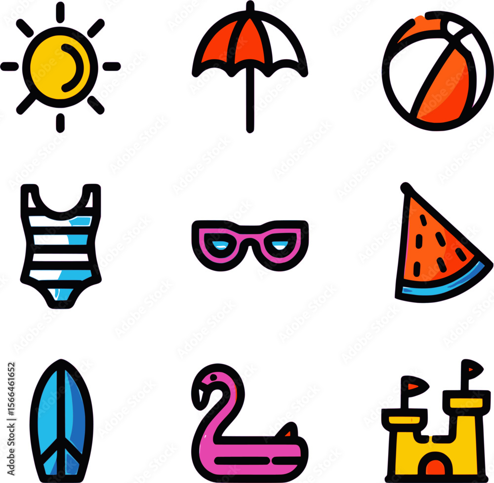 Fototapeta premium Colorful summer icon set including sun, umbrella, ball, swimsuit, sunglasses, fruit, surfboard, flamingo, and sandcastle. Perfect for seasonal or vacation-themed designs.