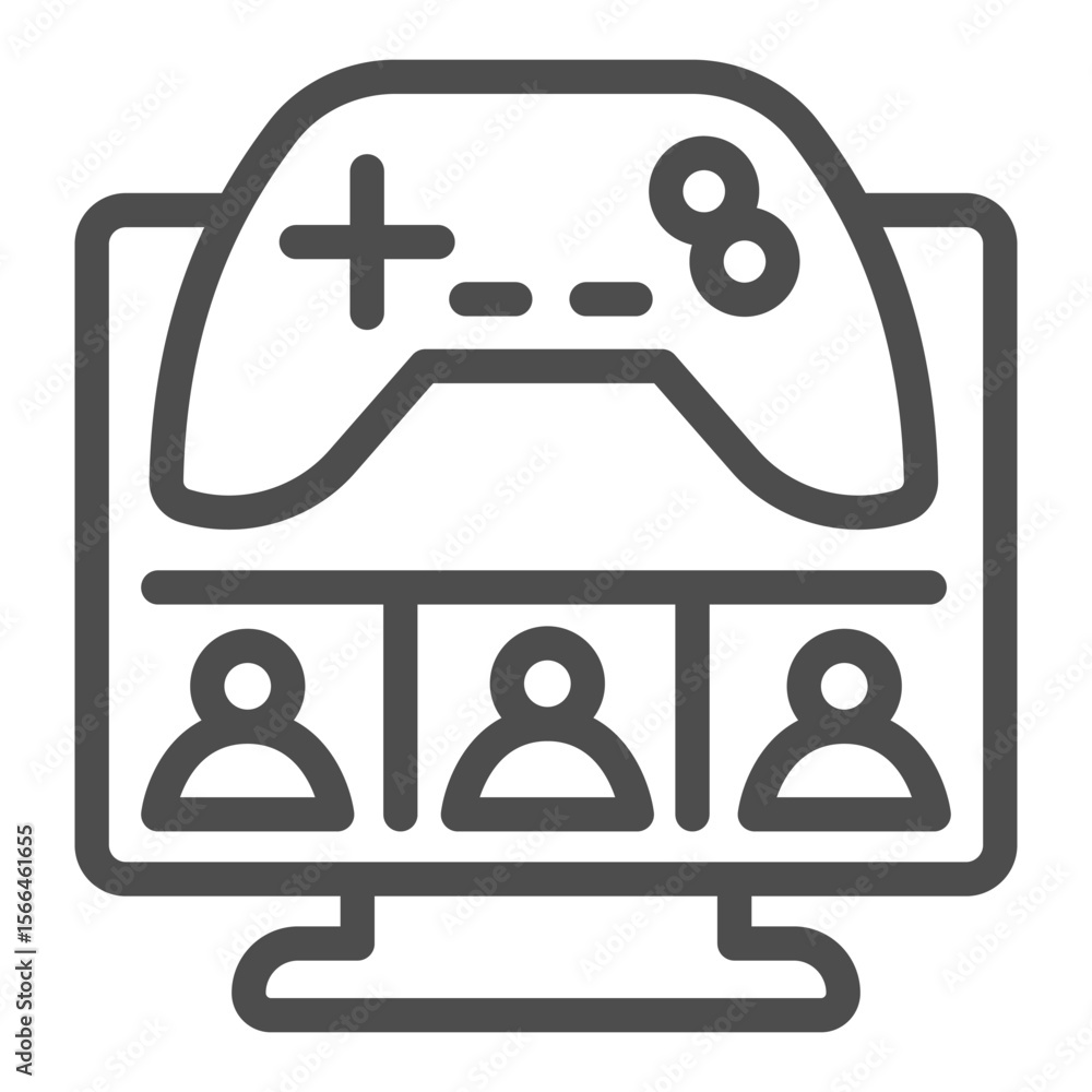 Monitor screen with users and joystick line icon, NFT multiverse concept. Vector graphics. In game assets, gaming sign on white background, outline style icon for mobile or web design. Monitor screen with users and joystick line icon, NFT multiverse concept. Vector graphics. In game assets, gaming sign on white background, outline style icon for mobile or web design.