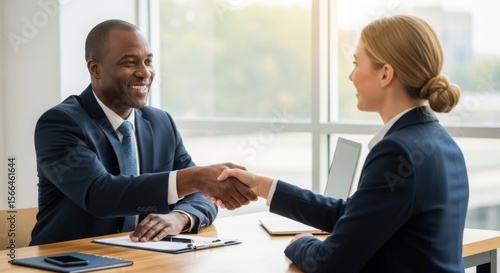 Wallpaper Mural Confident businesswoman shaking hands with a male executive in a bright office space. Torontodigital.ca