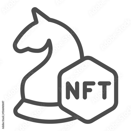 Knight chess with non fungible token line icon, NFT multiverse concept. Vector graphics. In game assets, gaming sign on white background, outline style icon for mobile or web design.