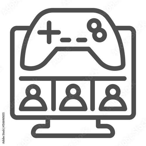 Monitor screen with users and joystick line icon, NFT multiverse concept. Vector graphics. In game assets, gaming sign on white background, outline style icon for mobile or web design.