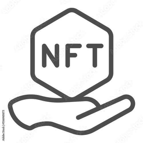 Hand with non fungible token line icon, NFT multiverse concept. Vector graphics. Token file in hand sign on white background, outline style icon for mobile or web design.