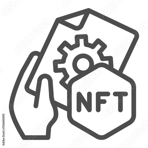 Certificate signature of non fungible token file line icon, NFT multiverse concept. Vector graphics. Token file in hand sign on white background, outline style icon for mobile or web design.