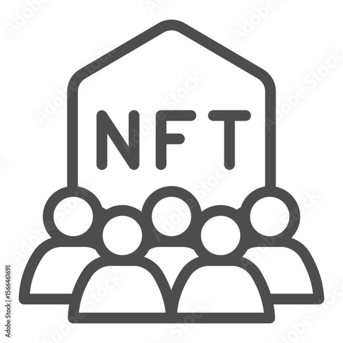 Non fungible token with group of users line icon, NFT multiverse concept. Vector graphics. Gamers society, publicity sign on white background, outline style icon for mobile or web design.
