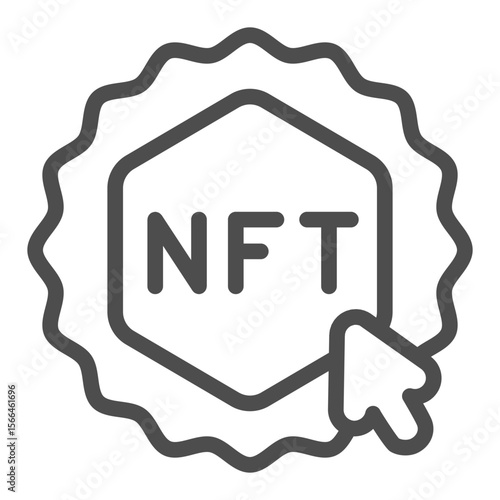 Sticker with non fungible token and cursor line icon, NFT multiverse concept. Vector graphics. Token and mouse pointer sign on white background, outline style icon for mobile or web design.