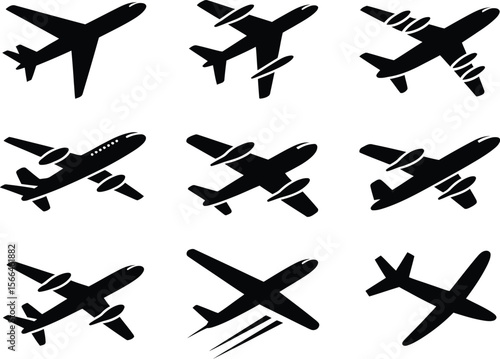 Collection of nine black silhouette airplane icons in various styles and angles