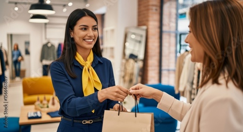 Customer service associate assisting a woman in a stylish retail store.