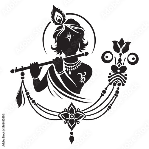 Silhouette icon of Krishna’s flute tied with a rakhi or thread brotherhood symbolic icon