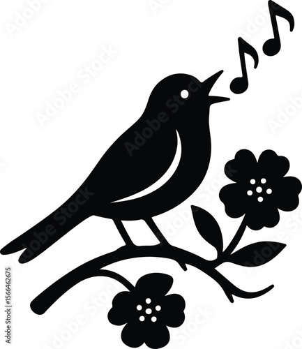 Silhouette singing bird on floral branch with music notes vector illustration