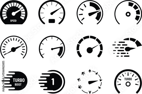 Collection of twelve black speedometer icons representing speed and performance