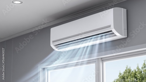 A white air conditioner unit mounted on a gray wall, blowing cool air towards a window, creating a comfortable indoor environment.