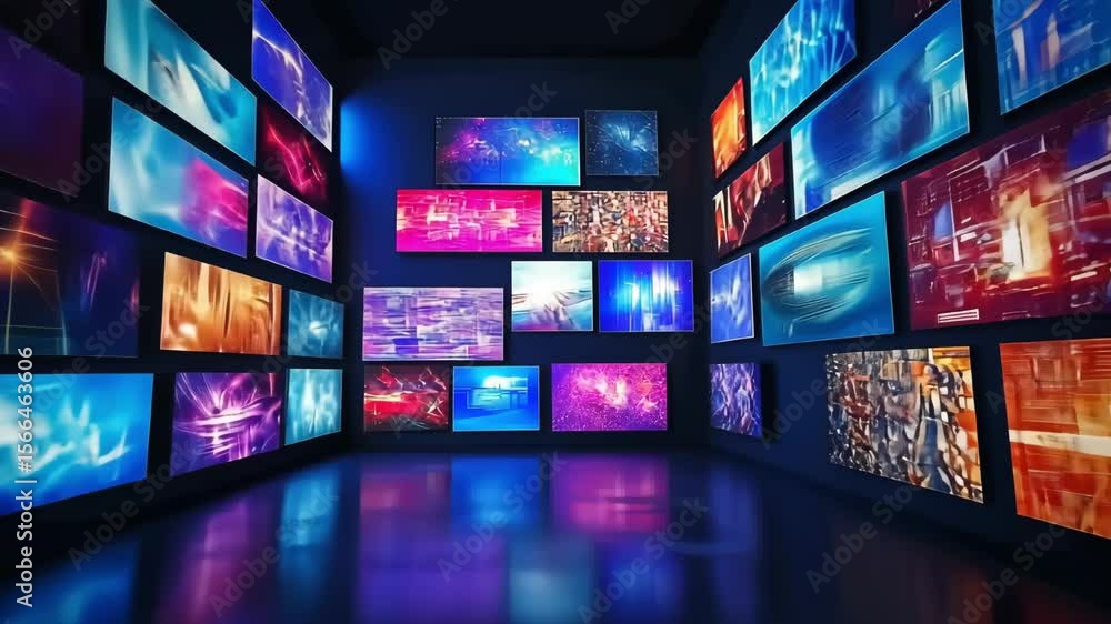 Vibrant room filled with multiple digital screens displaying abstract patterns and pixelated graphics. Vibrant room filled with multiple digital screens displaying abstract patterns and pixelated graphics.