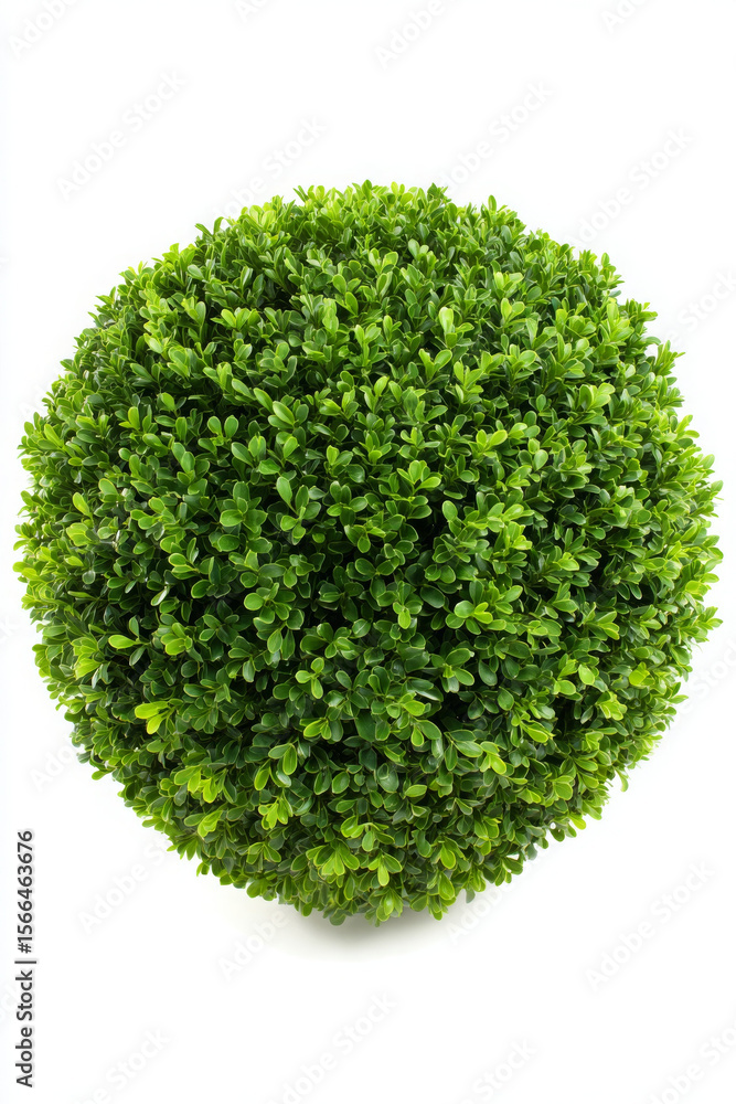 Fototapeta premium Well trimmed boxwood shrub is glowing against bright white background