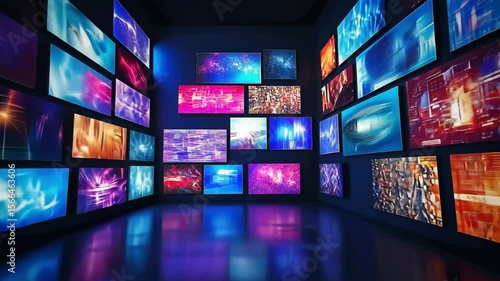 Vibrant room filled with multiple digital screens displaying abstract patterns and pixelated graphics.