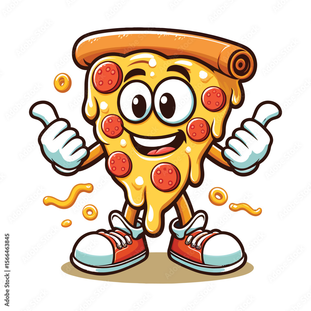 Naklejka premium Happy Cartoon Pizza Slice - Fun Fast Food Mascot Vector Character