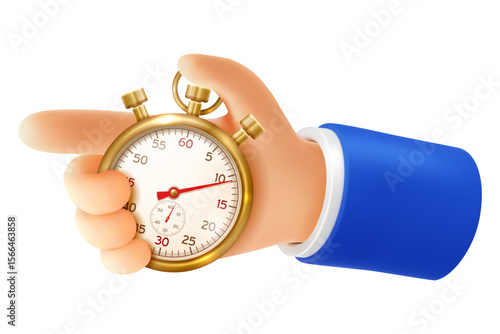 Hand holding stopwatch. 3D realistic hand holds golden timer. Concept of deadline, start, punctuality, time management, productivity and work optimization. Vector illustration