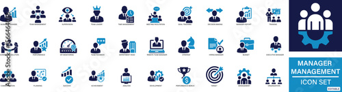 Professional flat style icon set illustrating management, leadership, HR, and teamwork concepts. Perfect for business visuals, presentations, and office designs. Easily customizable icons 