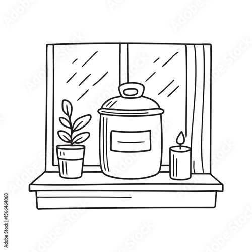 A closed urn resting beside a candle on the windowsill