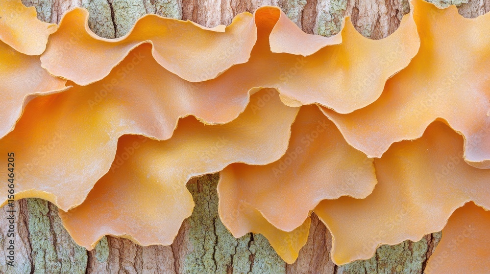 Fototapeta premium Close-Up of Vibrant Orange Fungi Growing on Tree Bark Texture