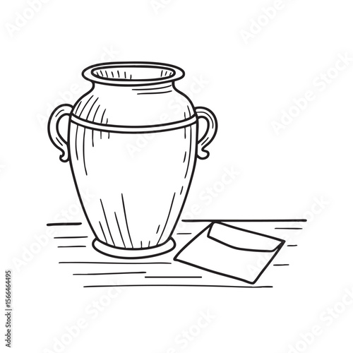 A modest urn positioned beside a folded paper note
