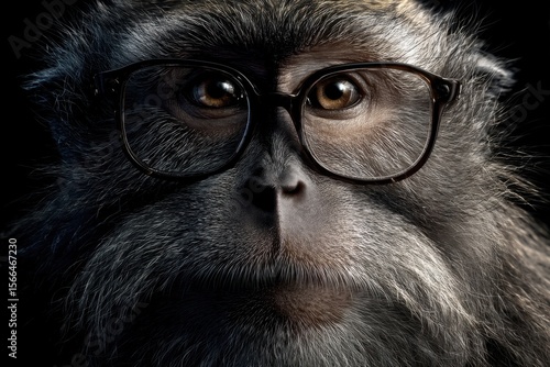 A monkey wearing glasses looking at the camera