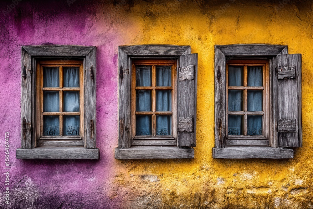 Fototapeta premium Three wooden windows on a colorful wall with shutters