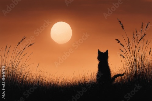 A cat sitting in a field of tall grass watching the sun set