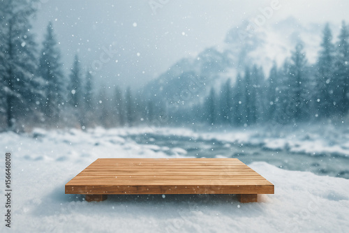 Wallpaper Mural Wooden Platform with Snowy Mountain Landscape at Sunrise product display platform Torontodigital.ca