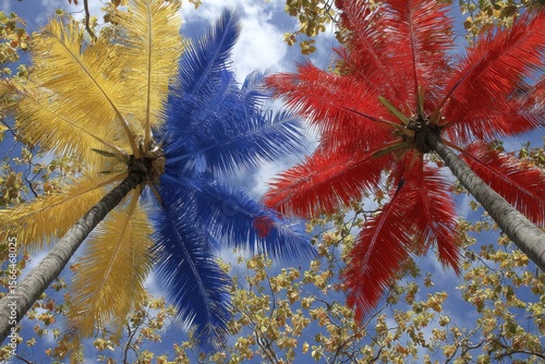 A group of colorful palm trees against a blue sky