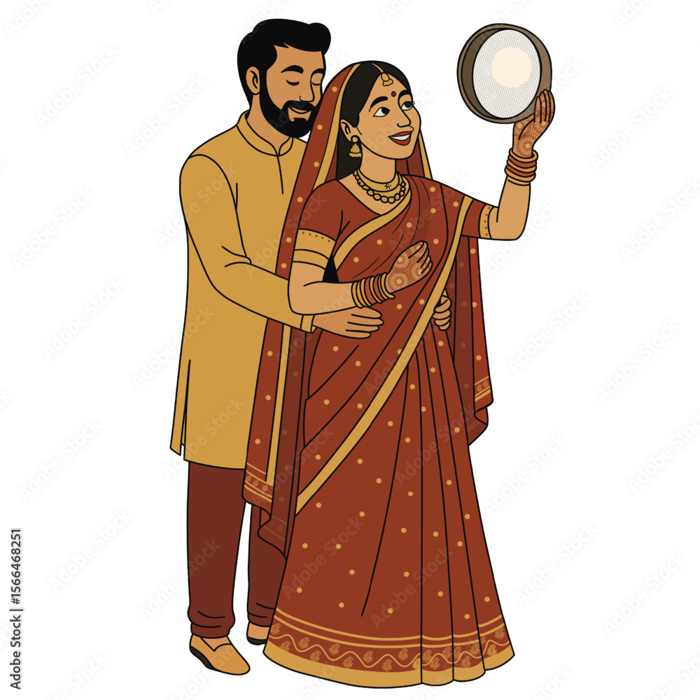 Obraz premium Illustration of Couple Celebrating Karwa Chauth Festival