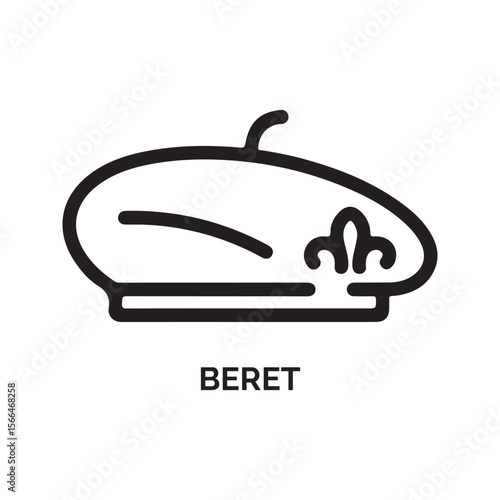 Black Outline Illustration of a Beret Hat with Emblem
