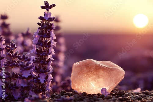 A rock sitting on top of a pile of lavender flowers