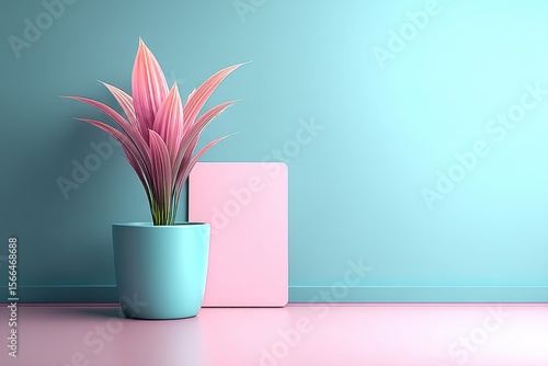 A pink plant in a blue pot next to a pink box
