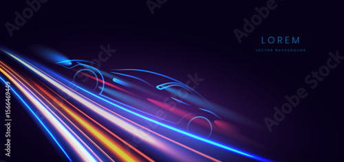 Abstract futuristic glowing neon multi color lines. Hi speed car motion moving concept on dark blue background.