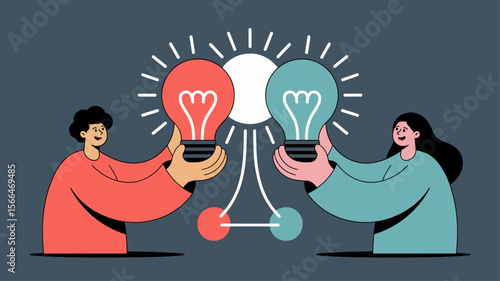 two innovators connecting lightbulb ideas to form a bigger solution, vector illustration for creative collaboration, brainstorming session and teamwork synergy