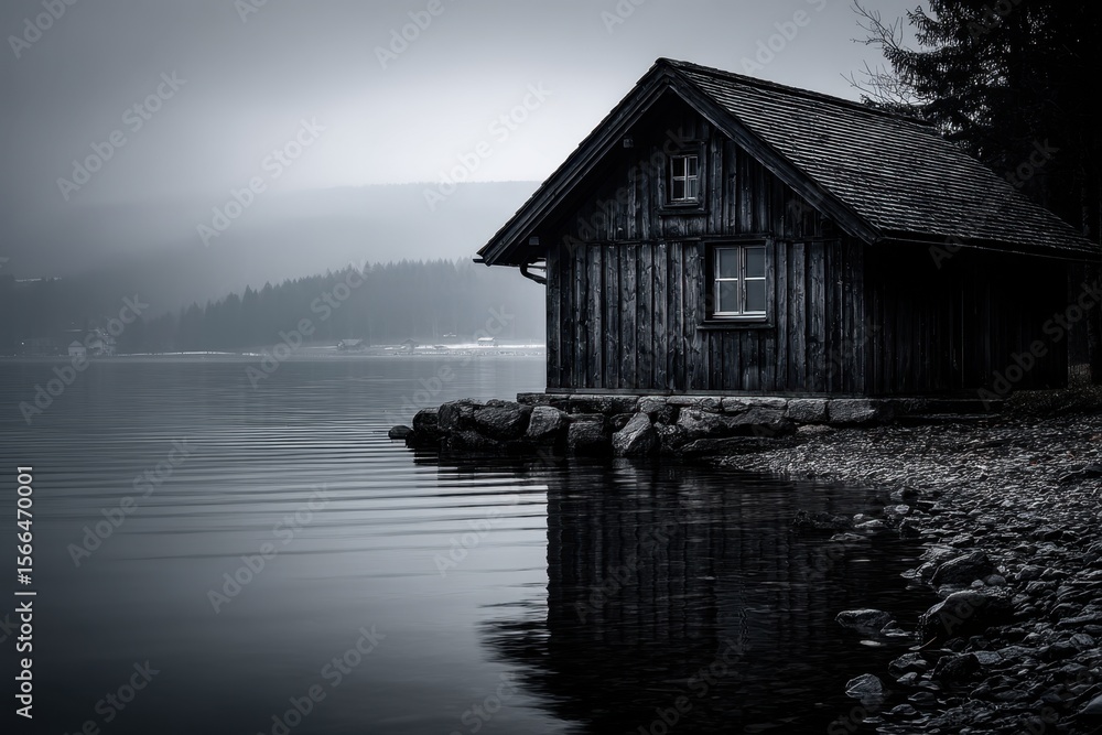Fototapeta premium A black and white photo of a house by the water