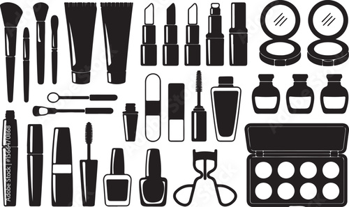 Beauty Essentials Silhouettes: A clean, sophisticated arrangement of beauty essentials, rendered in striking black and white silhouettes, showcasing the core tools for makeup application.