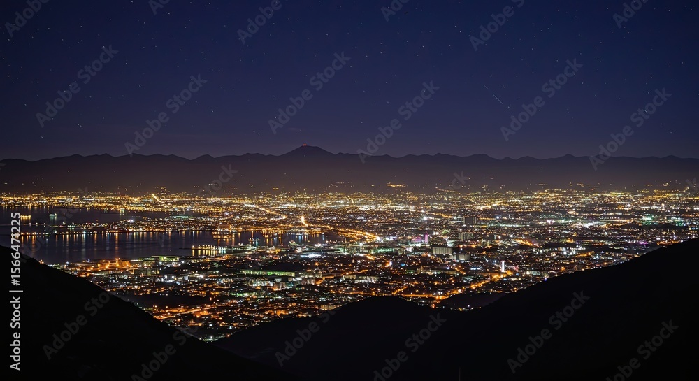 Obraz premium Breathtaking night cityscape view with distant mountains and starry sky