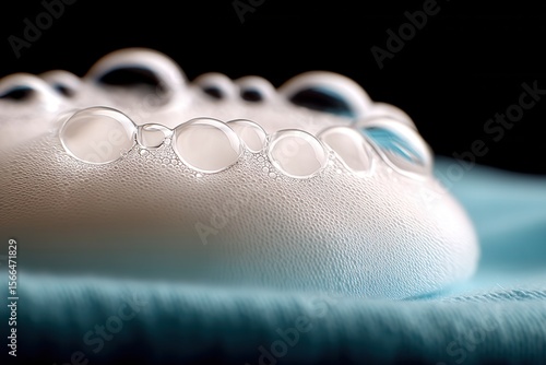 A close up of soap bubbles on a blue cloth