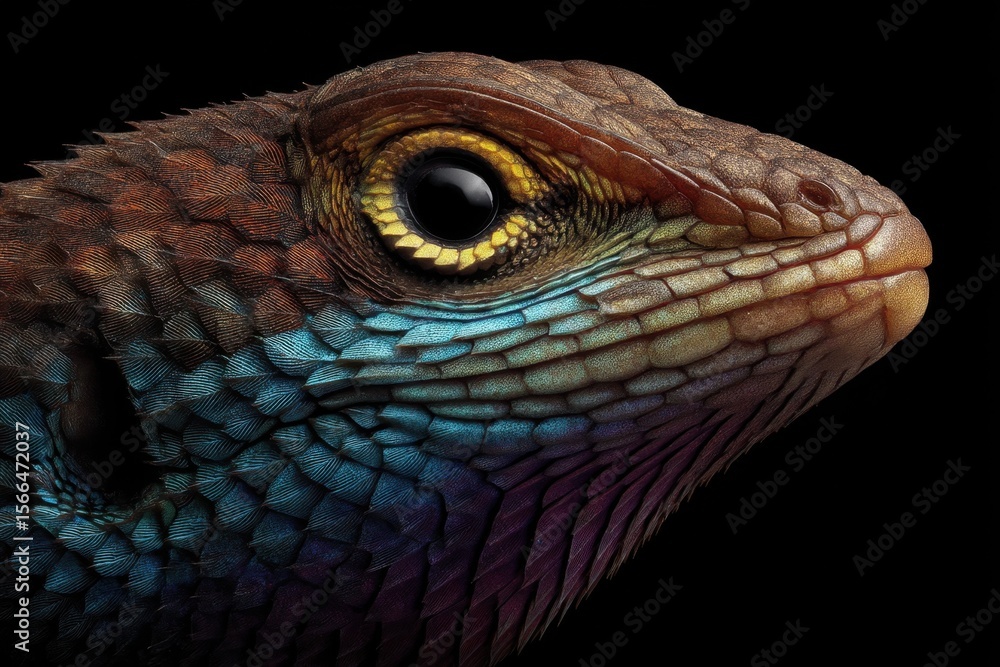 Fototapeta premium A close up of a colorful lizard's head on a black background