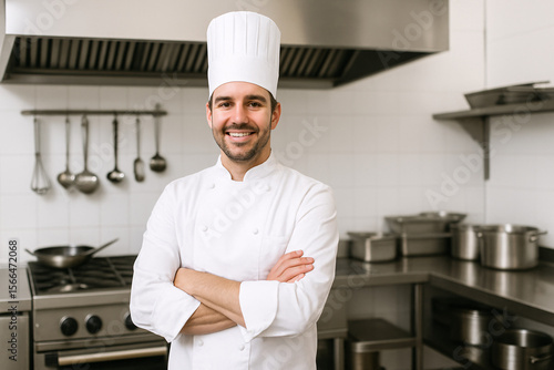 Smiling chef in white uniform standing in a commercial kitchen with arms crossed proudly posing for camera