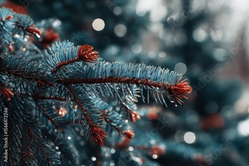 a close up of a pine tree branch with water droplets on it