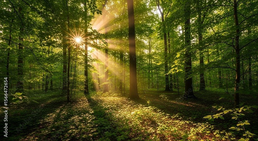 Obraz premium Sunbeams Filtering Through Lush Green Forest Trees