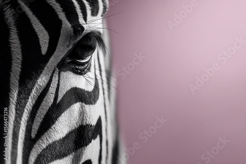  A close up of a zebra's eye with a pink background