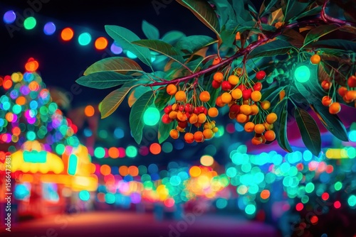 A bunch of red berries hanging from a tree in front of a carousel